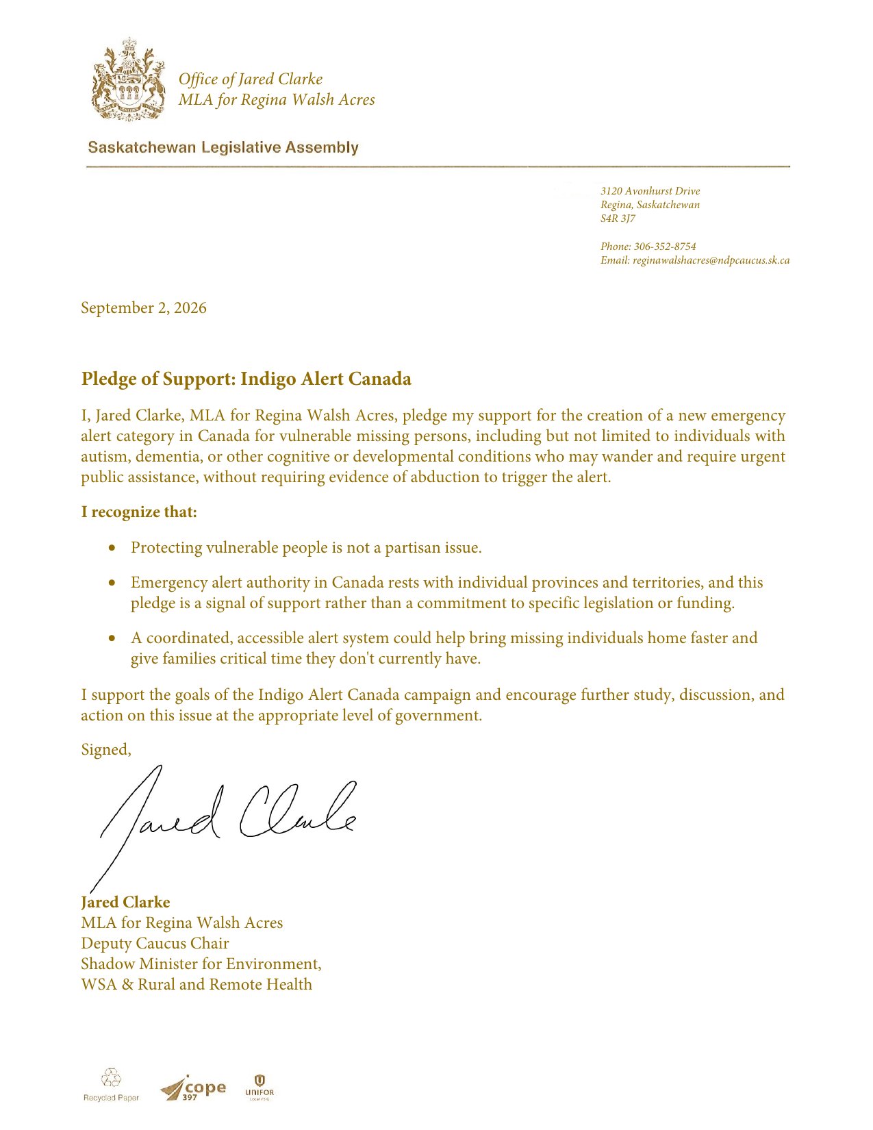 Pledge of support from MLA Jared Clarke, Regina Walsh Acres, September 2, 2026