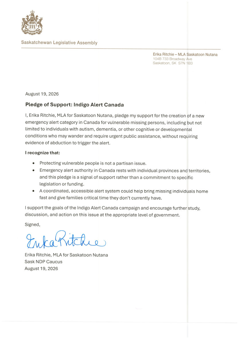 Pledge of support from MLA Erika Ritchie, Saskatoon Nutana, August 19, 2026